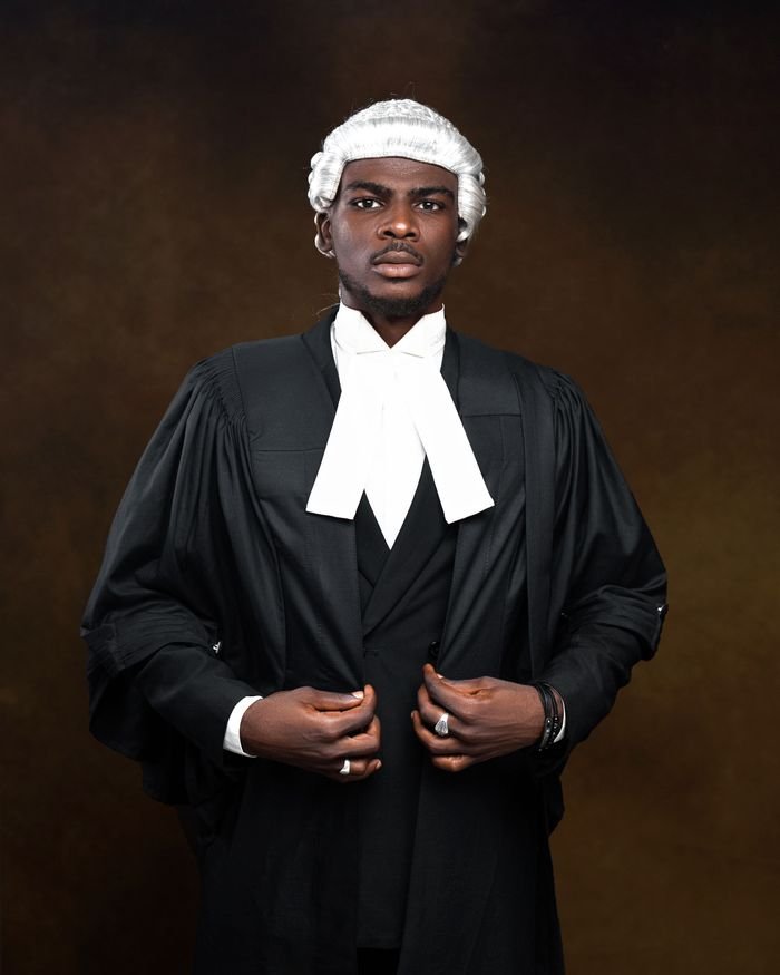 Professional male lawyer in traditional court attire with white wig and dark robe.